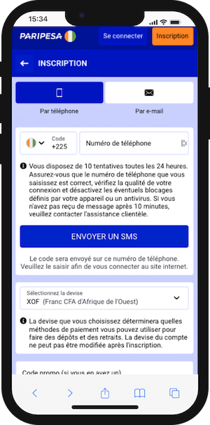 paripesa inscription sur mobile
