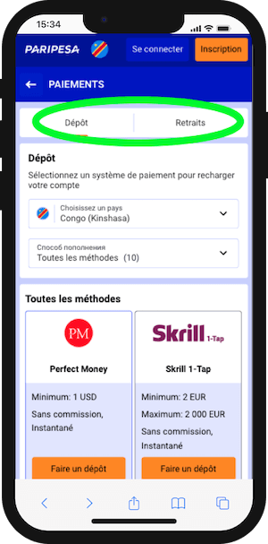 paripesa rdc faire un depot ou retrait