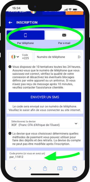 paripesa inscription sur smartphone avec code promo