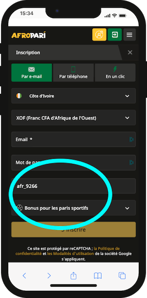 afropari inscription sur mobile